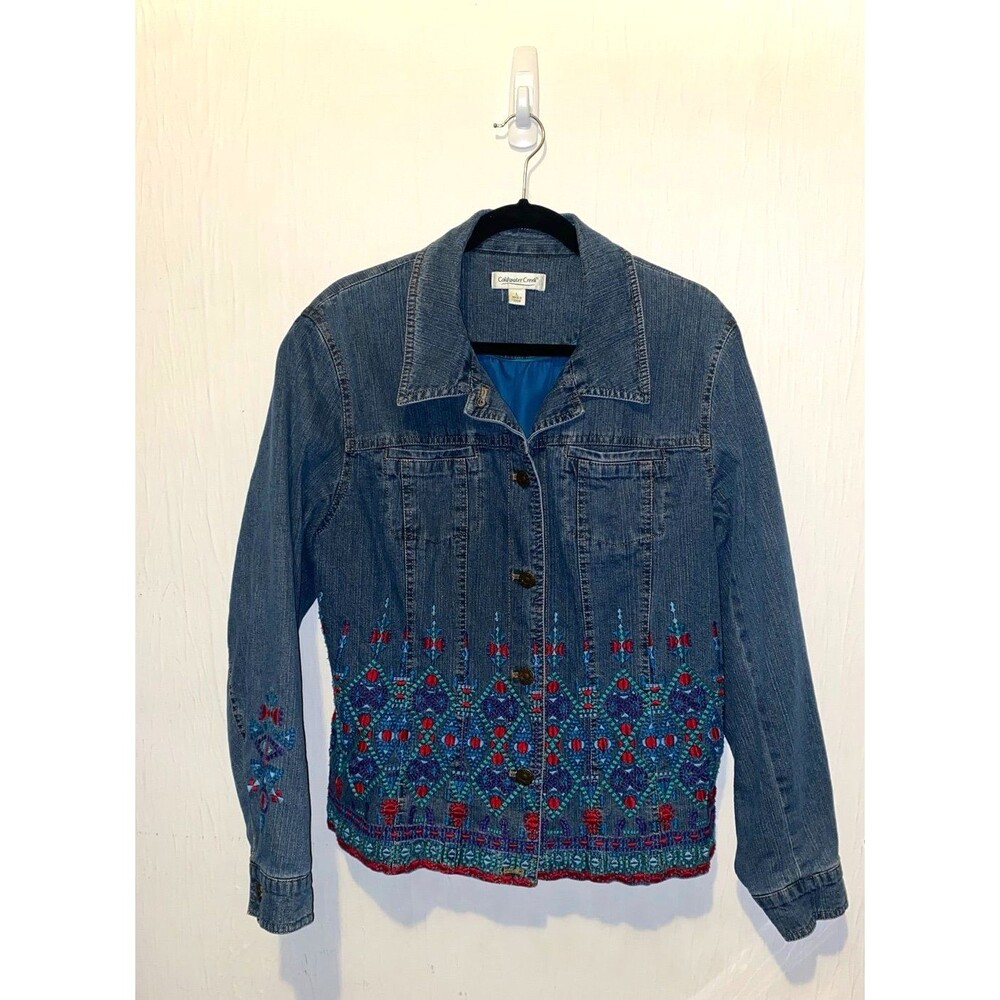 Coldwater Creek Blue Denim Jacket Embroidered Stitch LINED button up SZ L Large